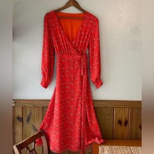 Red Coral Floral Wrap Dress Size XS